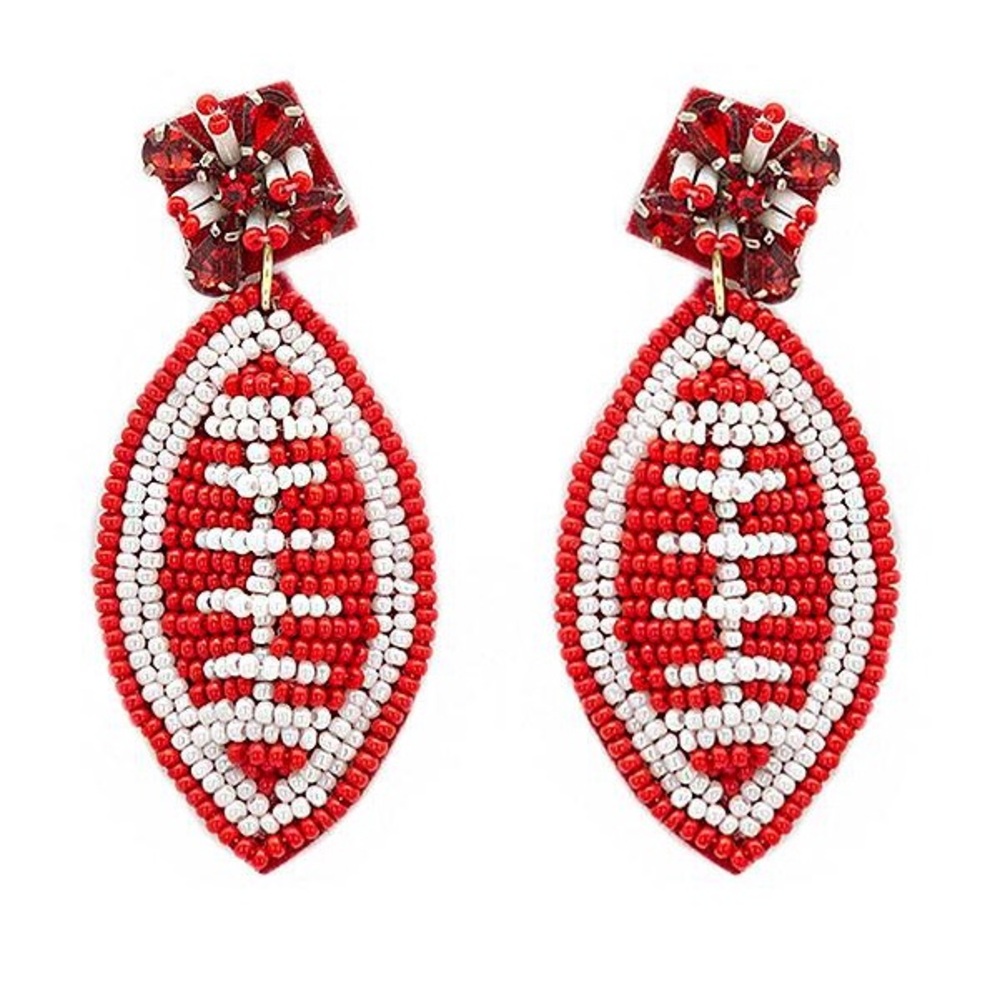 NWOT Red and White Beaded Football Earrings